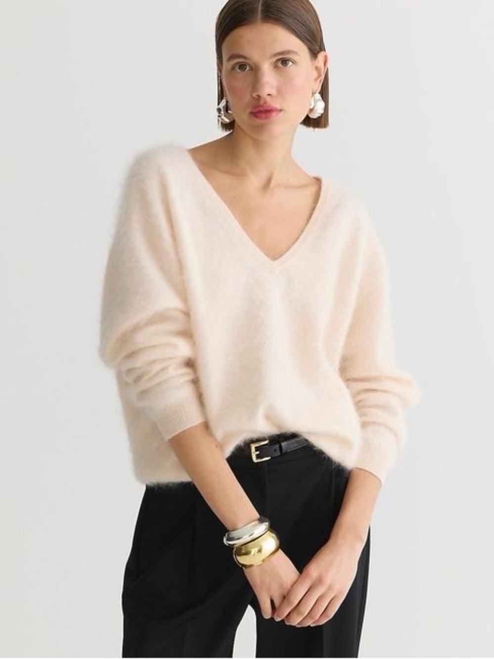 J.Crew Brushed cashmere relaxed V-neck sweater cream fits S warm quiet luxury
